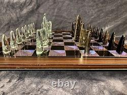 Obsidian Black & Rock Crystal Aztec Chess Set Blue Morpho Butterfly Board 4.5k