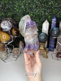 Sculptures de cristal de loup en agate Crazy Lace améthyste, pièce maîtresse