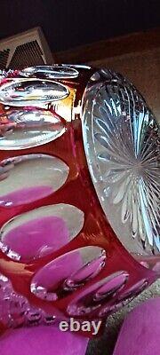 Vintage Bohemian Crystal Ruffle Pièce Centre Cranberry Couper À Clear Bowl