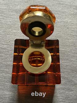 Vintage Levenger Amber Solid Crystal & Laiton Inkwell Ink Pot Pièce De Bureau D'écriture