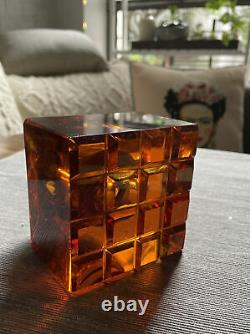 Vintage Levenger Amber Solid Crystal & Laiton Inkwell Ink Pot Pièce De Bureau D'écriture