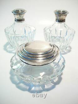 Vintage Three Piece Vanity Set Silver Plate & Crystal Début Du 20ème Siècle